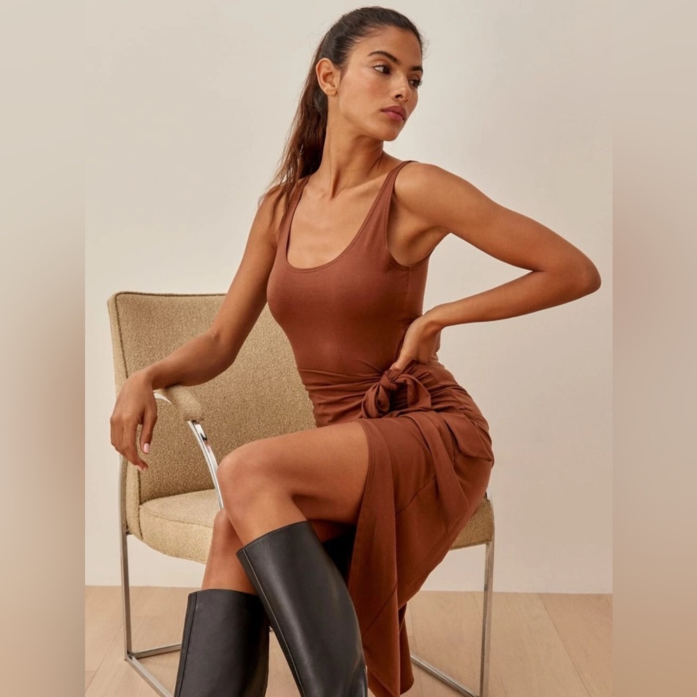 REFORMATION Dress Womens Small Brown Chestnut Kaila Wrap Tie Bodycon Stretch